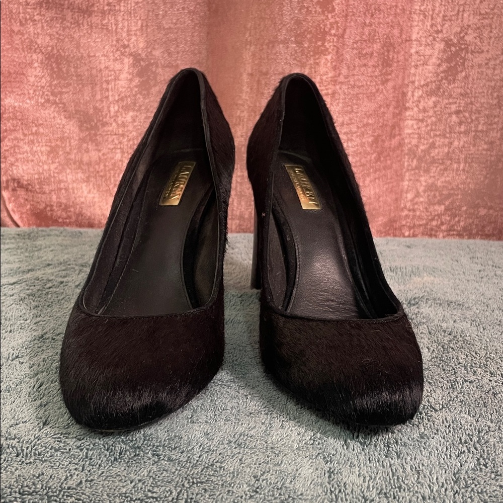 Ralph Lauren Black Pony Hair Block Heel Round Toe Shoes Formal Slip on Pumps 10B - Picture 3 of 9